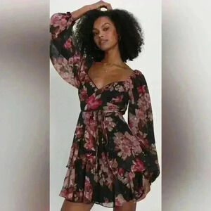 NWT Lulus Dramatically Dreamy Black Floral Chiffon Tiered Lurex Mini Dress